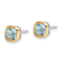Sterling Silver w/ 14K Accent Aquamarine Square Stud Earrings ,