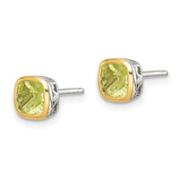 Sterling Silver w/ 14K Accent Peridot Square Stud Earrings ,