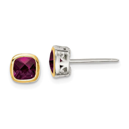 Sterling Silver w/ 14K Accent Rhodolite Garnet Square Stud Earrings ,