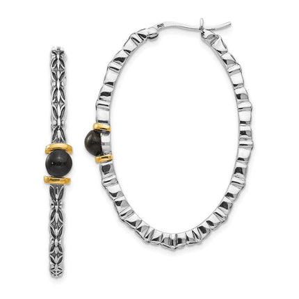 Sterling Silver w/14k 4.5mm Button Onyx Oval Hoop Earrings ,