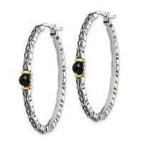 Sterling Silver w/14k 4.5mm Button Onyx Oval Hoop Earrings ,