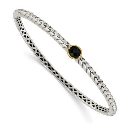 Sterling Silver w/14k Antiqued 6mm Onyx Bangle Bracelet ,