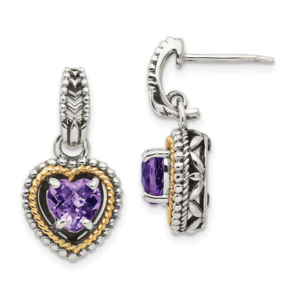 Sterling Silver w/14k Antiqued Amethyst Heart Post Dangle Earrings ,
