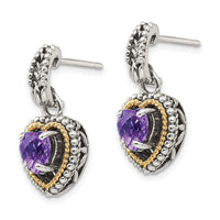Sterling Silver w/14k Antiqued Amethyst Heart Post Dangle Earrings ,