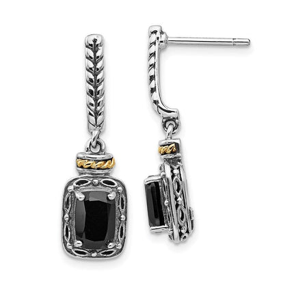 Sterling Silver w/14k Antiqued Onyx Post Dangle Earrings ,