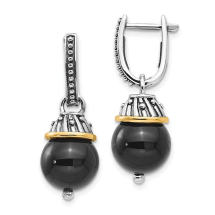 Sterling Silver w/14K Black Onyx Polished and Textured Earrings ,