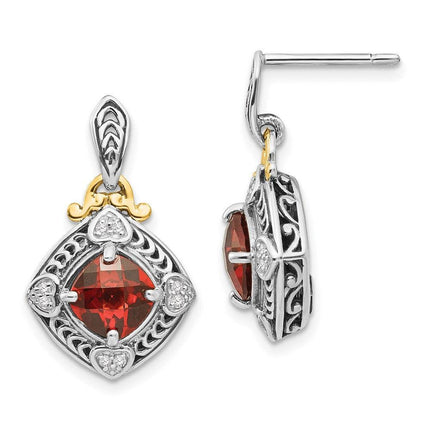 Sterling Silver w/14k Diamond & Garnet Earrings ,