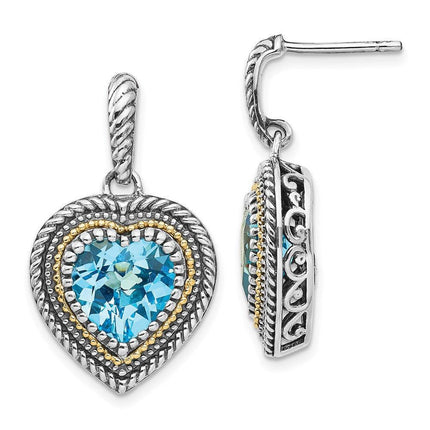 Sterling Silver w/14k Lt Swiss Blue Topaz Heart Dangle Post Earrings ,