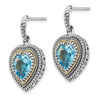 Sterling Silver w/14k Lt Swiss Blue Topaz Heart Dangle Post Earrings ,