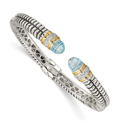 Sterling Silver w/14k Sky Blue Topaz & Diamond Cuff Bracelet ,