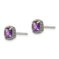 Sterling Silver w/14k Square Cushion Amethyst Post Earrings ,