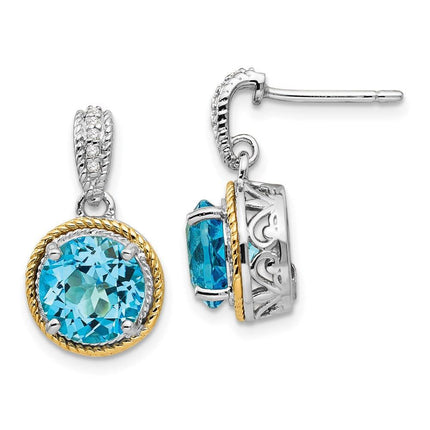 Sterling Silver w/14ky Blue Topaz Diamond Post Dangle Earrings ,