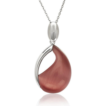 Sterling Silver Watermelon Red Cat's Eye Teardrop Necklace ,