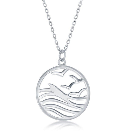Sterling Silver Waves and Birds Round Pendant ,