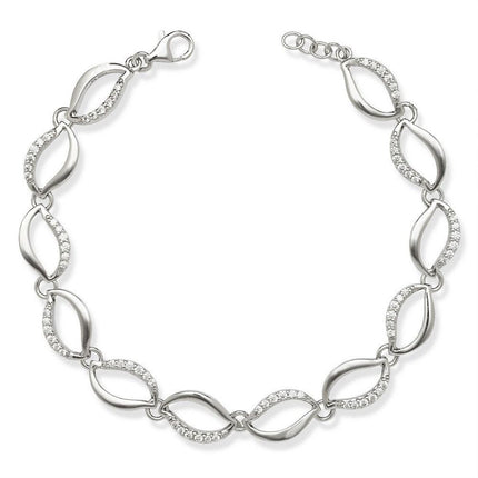 Sterling Silver Wavy Open Ovals Half CZ Bracelet ,