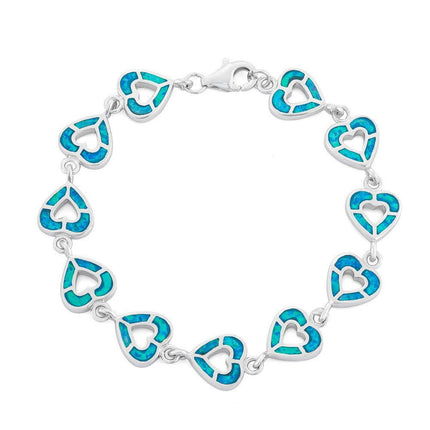 Sterling Silver White and Blue Opal Open Hearts Link Bracelet ,