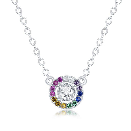 Sterling Silver White and Rainbow CZ Border Circle Necklace ,