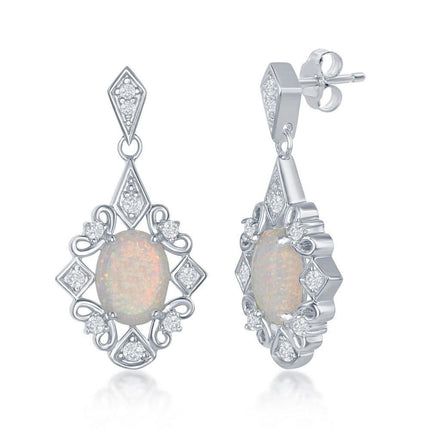 Sterling Silver White Diamond Oval Stone Earrings ,