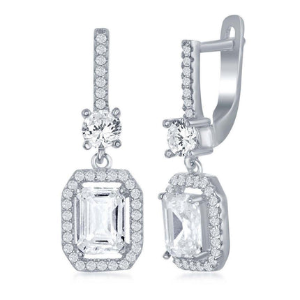 Sterling Silver White Emerald Cut CZ Earrings ,