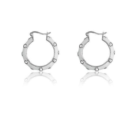Sterling Silver White Enamel With Bezel Set CZ Hoop Earring ,