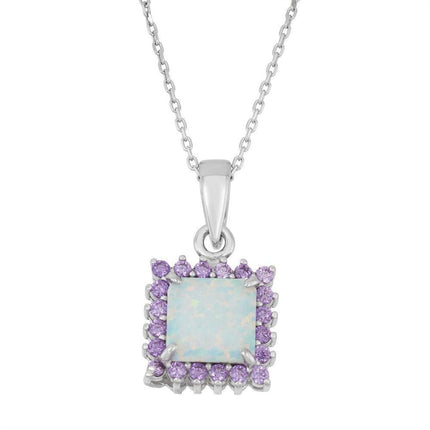 Sterling Silver White Inlay Amethyst Square Pendant ,