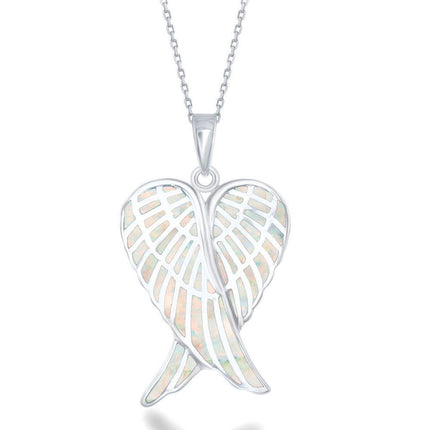 Sterling Silver White Inlay Angel Wings Pendant ,