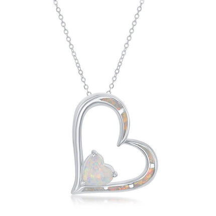 Sterling Silver White Inlay Double Heart Pendant ,