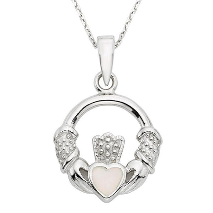 Sterling Silver White Inlay Irish Claddagh Pendant ,