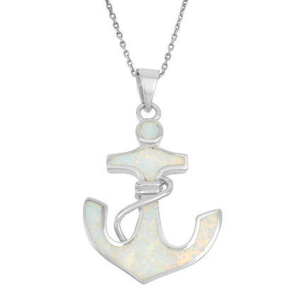 Sterling Silver White Inlay Opal Anchor Pendant ,