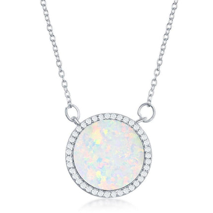 Sterling Silver White Inlay Opal Circle with CZ Border Necklace ,