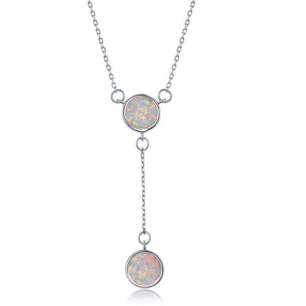 Sterling Silver White Inlay Opal Double Disc Lariat Necklace ,