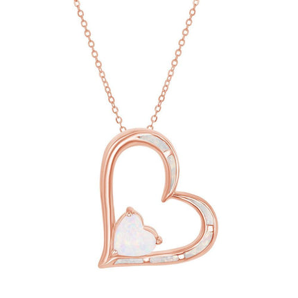 Sterling Silver White Inlay Opal Double Heart Pendant - Rose Gold Plated ,
