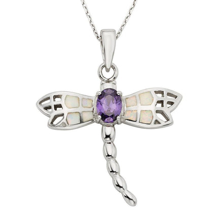 Sterling Silver White Inlay Opal Dragonfly Pendant ,