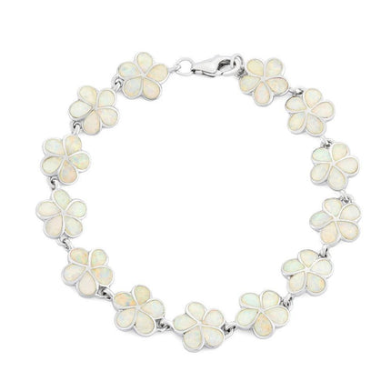 Sterling Silver White Inlay Opal Flower Link Bracelet, 7" ,