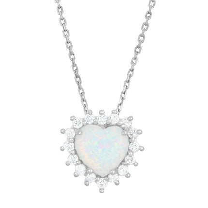 Sterling Silver White Inlay Opal Heart CZ Pendant ,