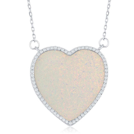 Sterling Silver White Inlay Opal Heart with CZ Border Necklace ,