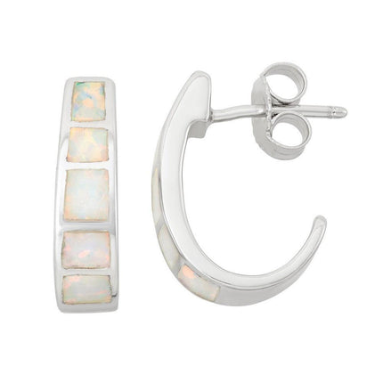 Sterling Silver White Inlay Opal Huggie Hoop Earrings ,