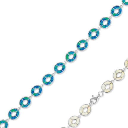 Sterling Silver White Inlay Opal Open Round Link Bracelet, 7" ,