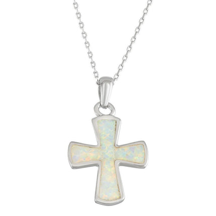 Sterling Silver White Inlay Opal Rounded Cross Pendant ,