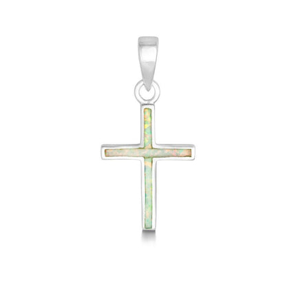 Sterling Silver White Inlay Opal Thin Cross Pendant ,