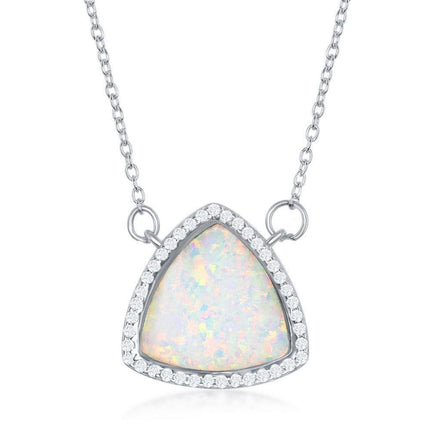 Sterling Silver White Inlay Opal Triangle with CZ Border Necklace ,