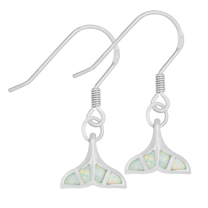 Sterling Silver White Inlay Opal Whale Tail Earrings ,