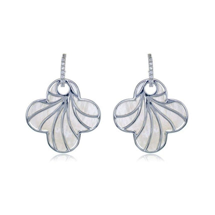 Sterling Silver White MOP Clover with CZ Earrings ,