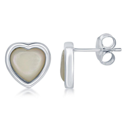 Sterling Silver White MOP Heart Stud Earrings ,