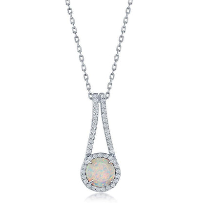 Sterling Silver White Opal and CZ Halo Long Pendant ,