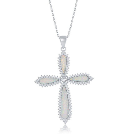 Sterling Silver White Opal CZ Border Large Cross Pendant ,