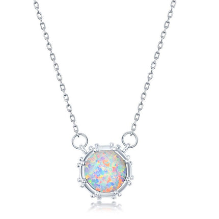 Sterling Silver White Opal Disc with Studded Border Necklace ,