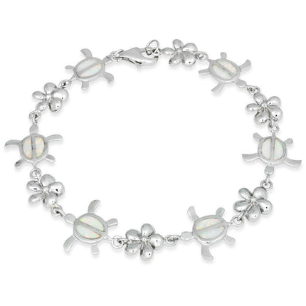 Sterling Silver White Opal Flower and Tortoise Link Bracelet ,