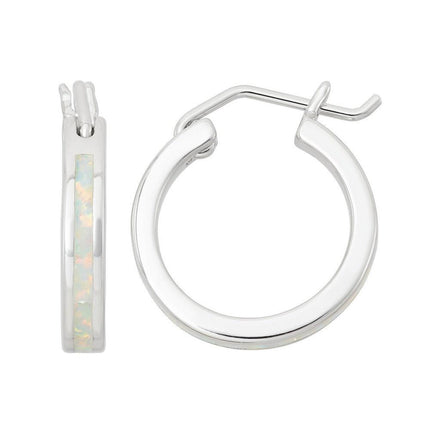 Sterling Silver White Opal Hoop Earrings ,