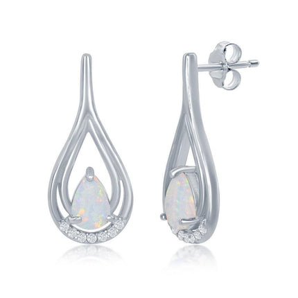 Sterling Silver White Opal Pear Shaped CZ Earrings ,